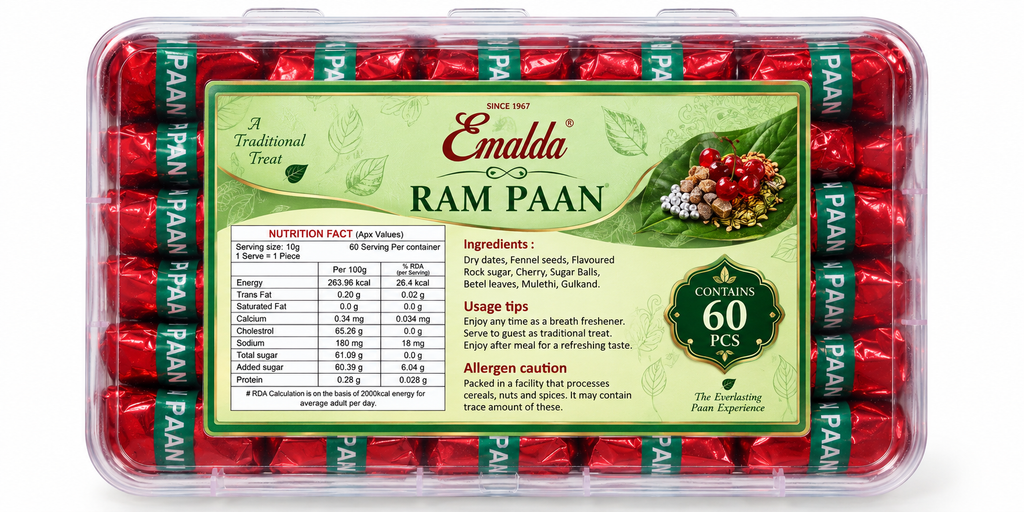 Ram Paan Red & Silver – After Meal Paan Mukhwas, 60 Pieces | Emalda Herbal